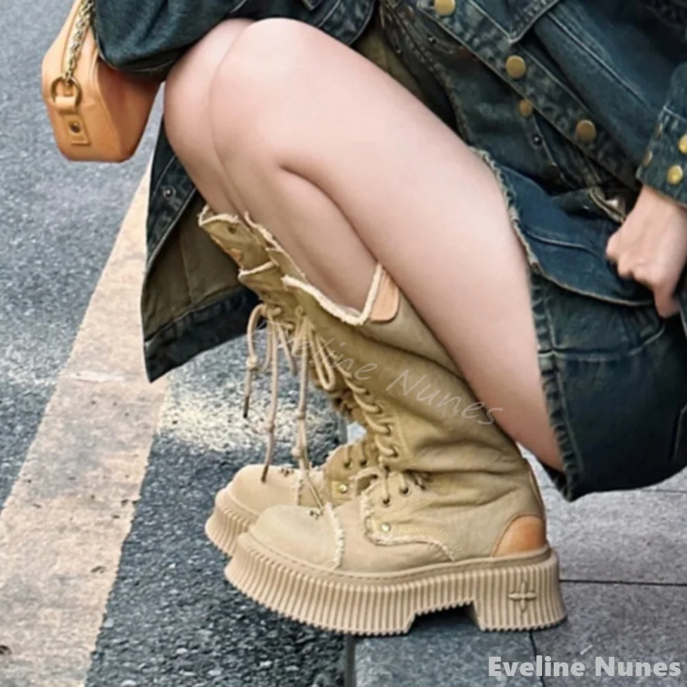 Cross-embroidery Lace-up Knee- - огляд і ціна Embroidery Canvas