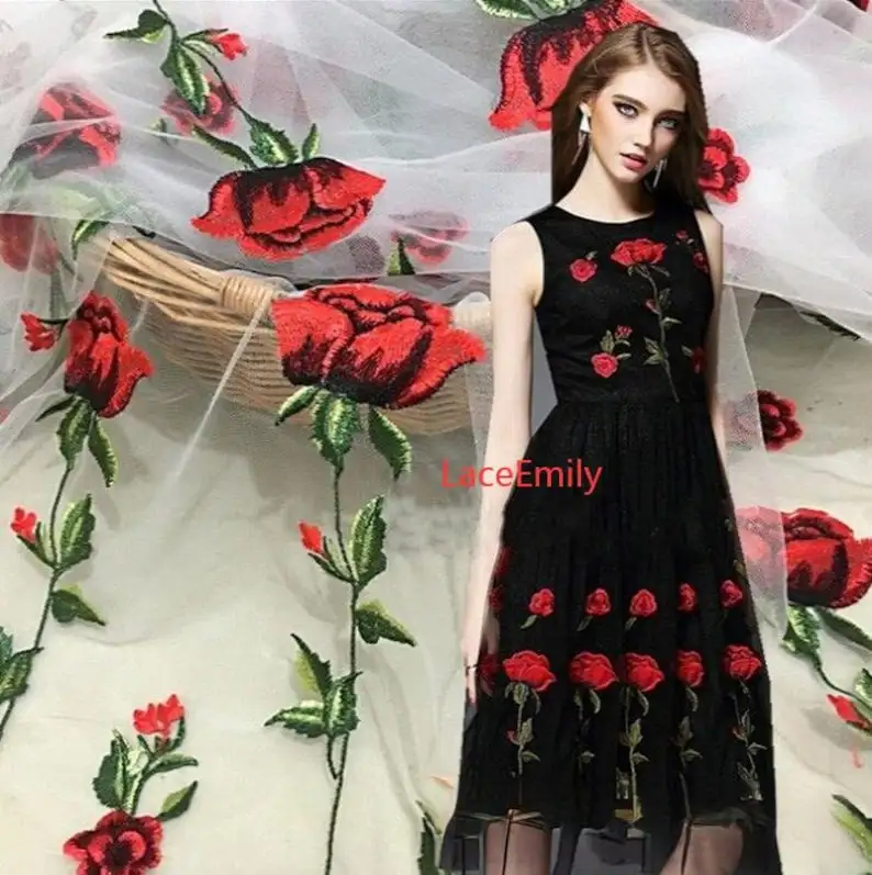 Red Rose Lace Fabric flower em - огляд і ціна Embroidery Roses
