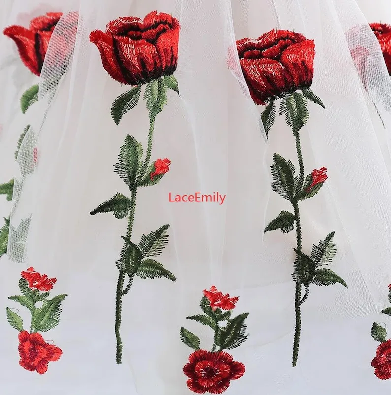 Red Rose Lace Fabric flower em - огляд і ціна Embroidery Roses