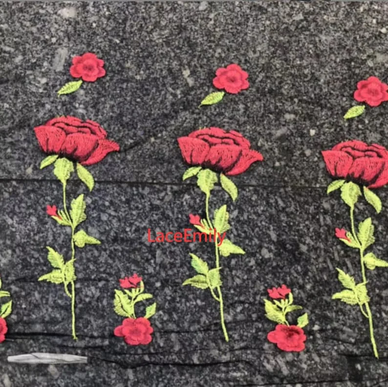 Red Rose Lace Fabric flower em - огляд і ціна Embroidery Roses